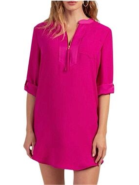 Trina Turk Kaiko 3/4 Sleeve Zip Detail Shift Dress in Hot Pink Fuschia
